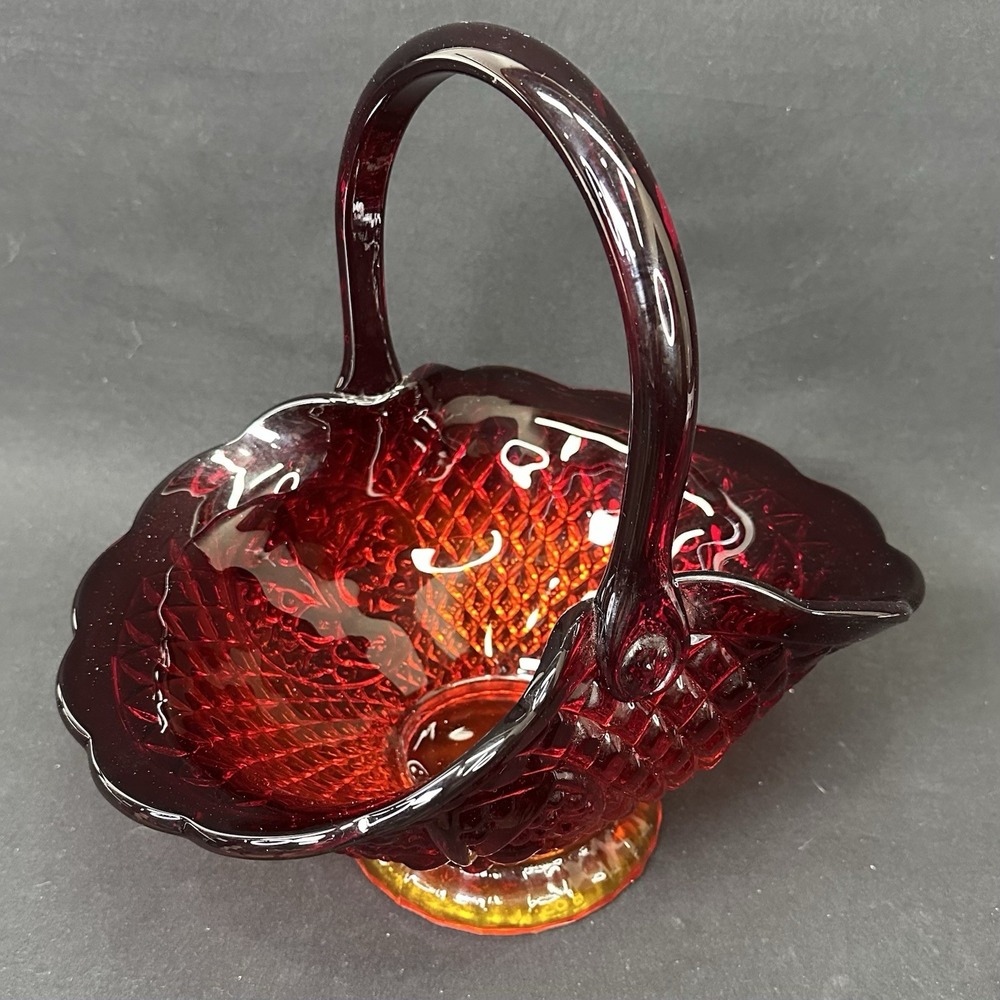 Indiana Glass Canterbury Sunset Amberina Basket, Vintage Mid 20th Century‎